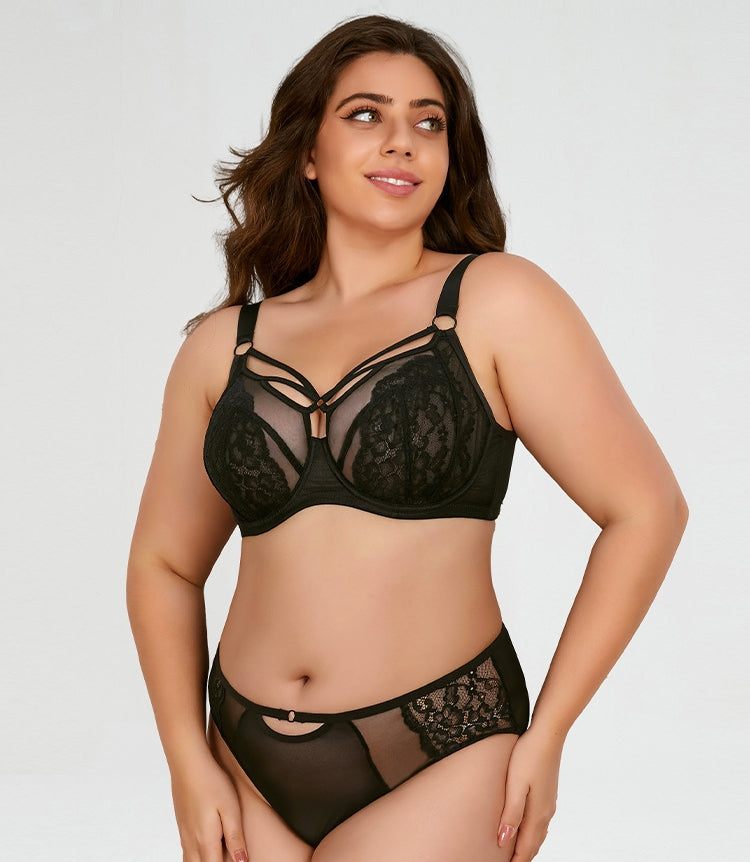 Women's Plus-Size Lingerie Set: Floral Lace, Anti-Sagging, Push-Up — Deep-Cup Bra and Panties