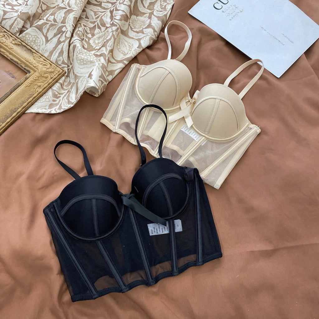 Women's Matching Lingerie Set: Bow-Accent Bra & Panties — Longline Corset Bra with Boning for Body Shaping