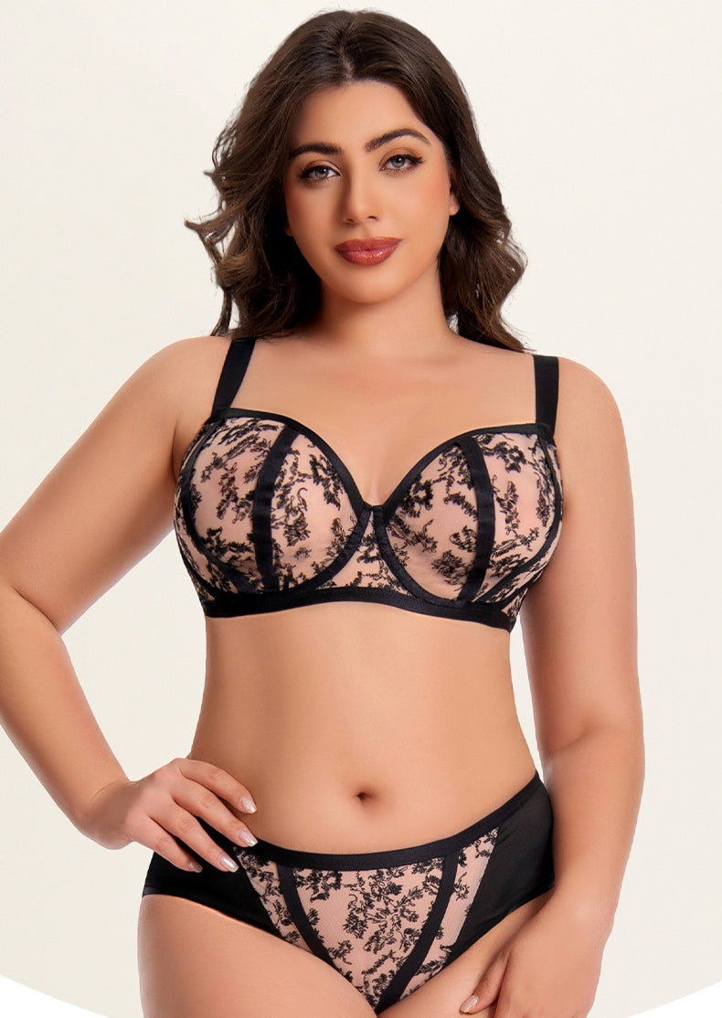 Plus-Size Women's Bra & Panty Set — Slimming & Anti-Sagging, Lifting & Centering, Underwire Support, Floral Lace Bra