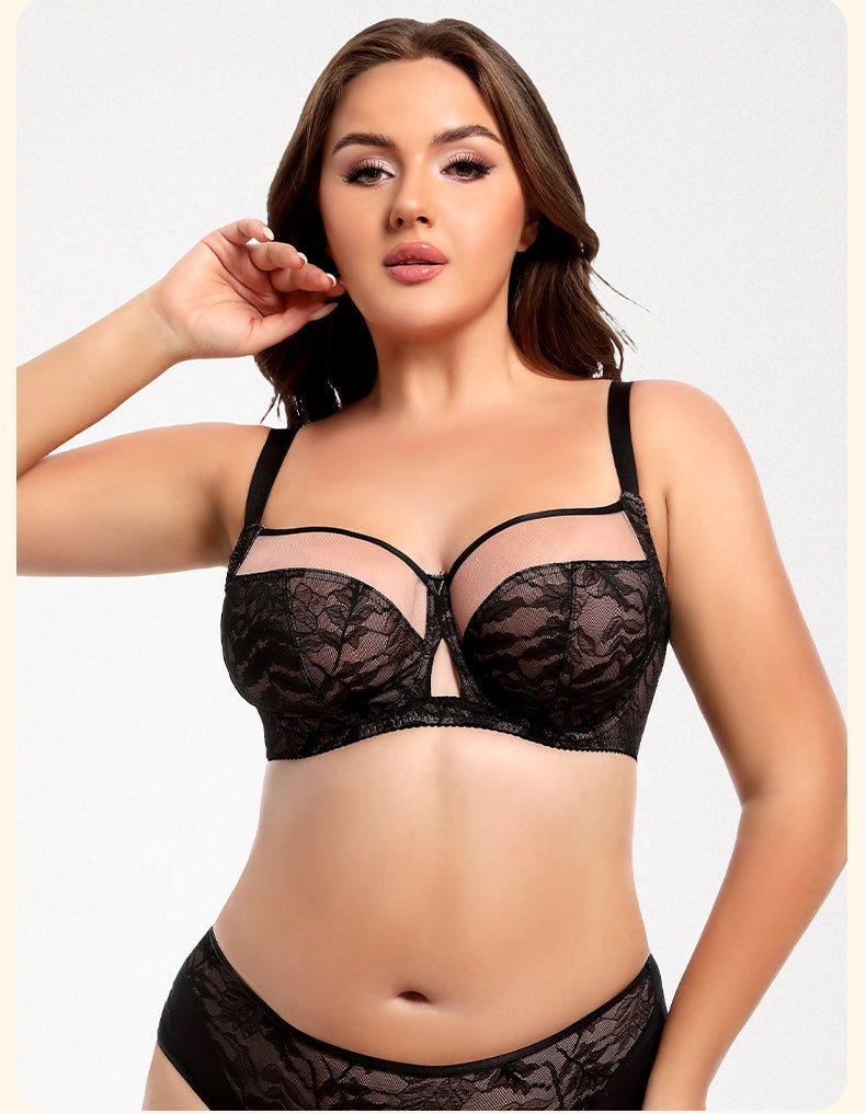 Women's Plus-Size Bra & Panty Set: Push-Up, Floral Lace, Full-Cup Bra; Women's Supportive Mesh & Underwire Lingerie Set (Thin-Cup Style)