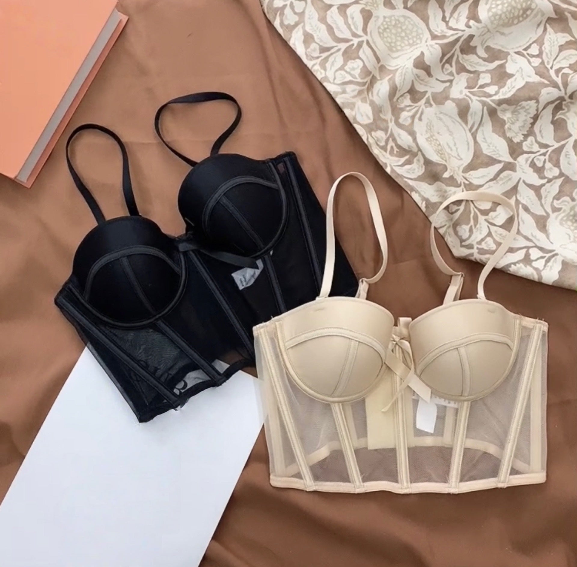 Women's Matching Lingerie Set: Bow-Accent Bra & Panties — Longline Corset Bra with Boning for Body Shaping