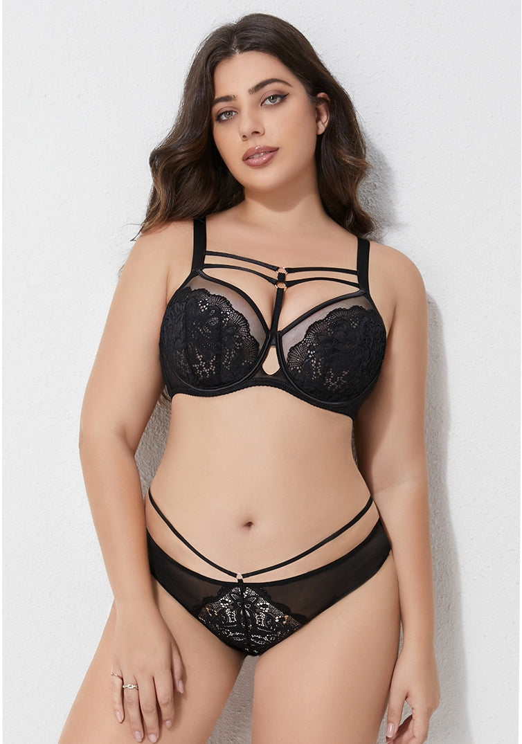 Plus-Size Women's Lightweight Lace Lingerie Set — 3/4-Cup Push-Up Bra (Minimizer Style for Fuller Busts) — Floral Design