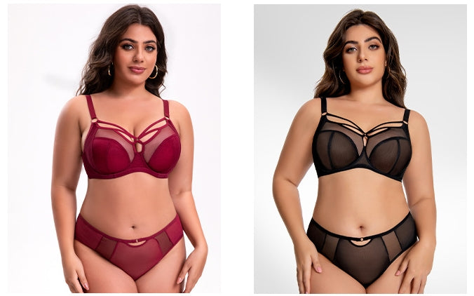Women's Plus-Size Bra Set: High-Support Mesh, Anti-Sagging, Push-Up, Breathable, Thin-Cup, 3/4-Cup, Deep-Cup Design