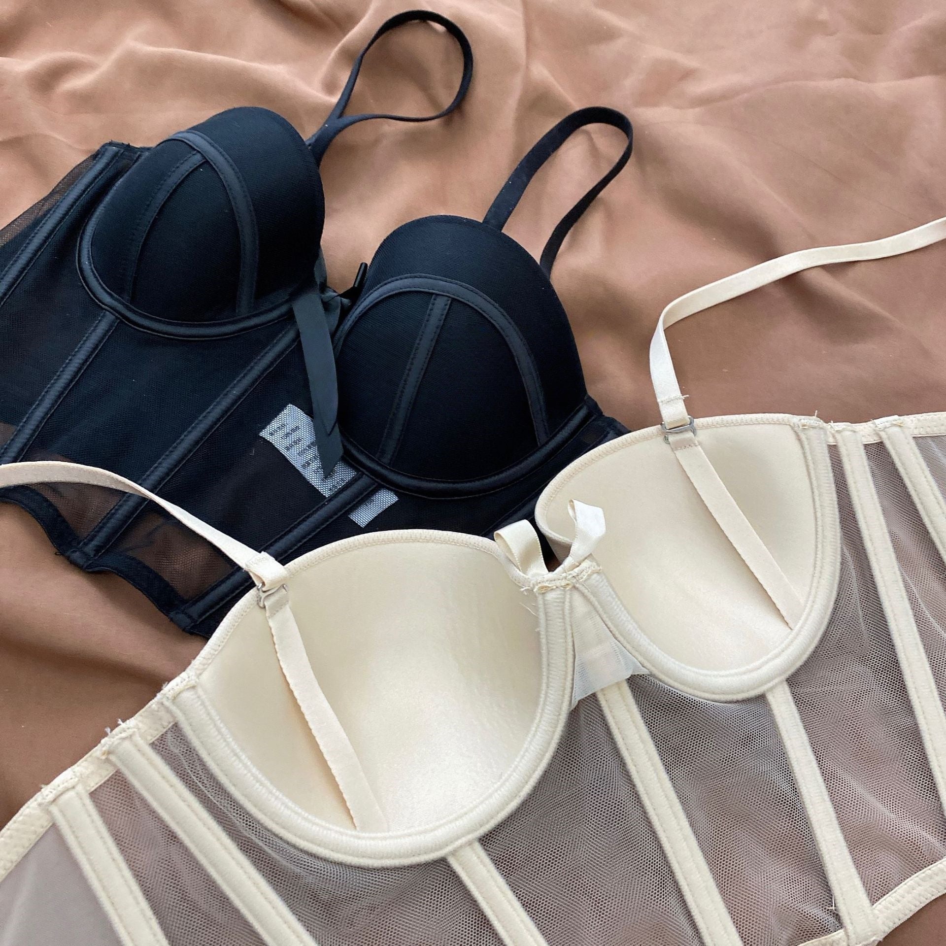 Women's Matching Lingerie Set: Bow-Accent Bra & Panties — Longline Corset Bra with Boning for Body Shaping
