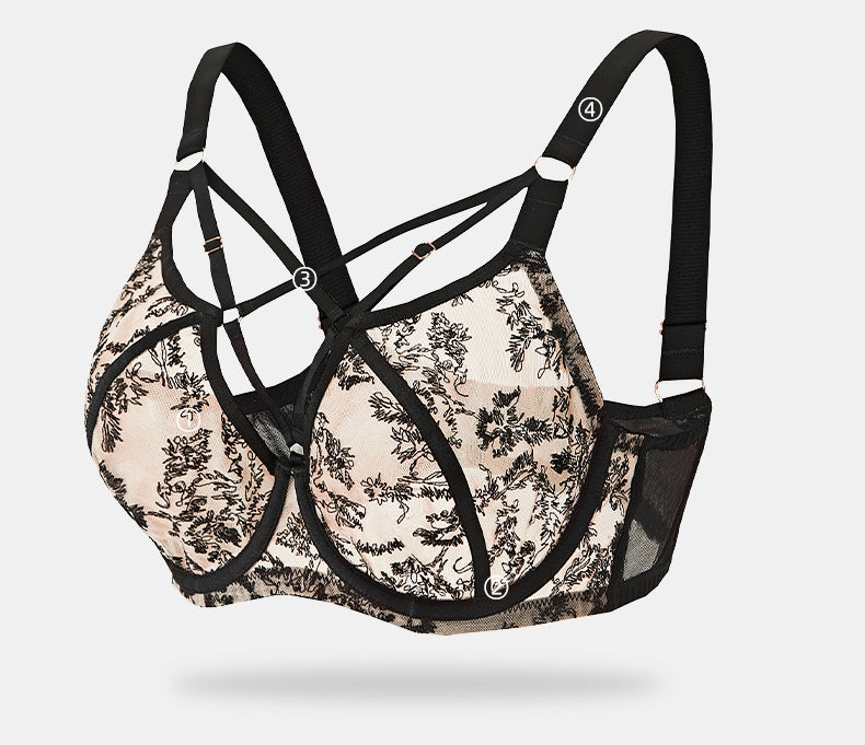 Young Women's Lingerie Series — Plus-Size Floral Lace Bra & Panty Set: Anti-Sag Support & Shaping, Mesh Full-Cup — Curvy Bikini Style