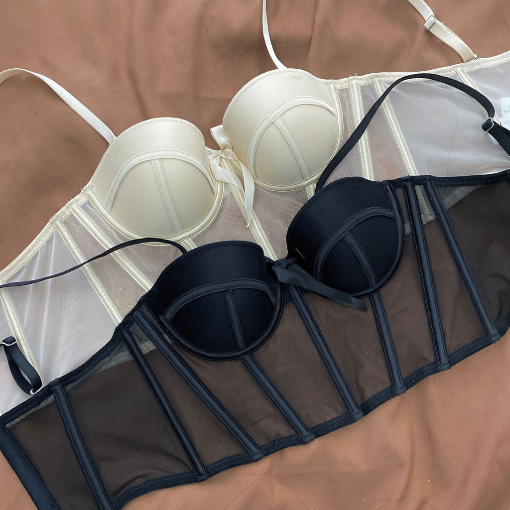 Women's Matching Lingerie Set: Bow-Accent Bra & Panties — Longline Corset Bra with Boning for Body Shaping