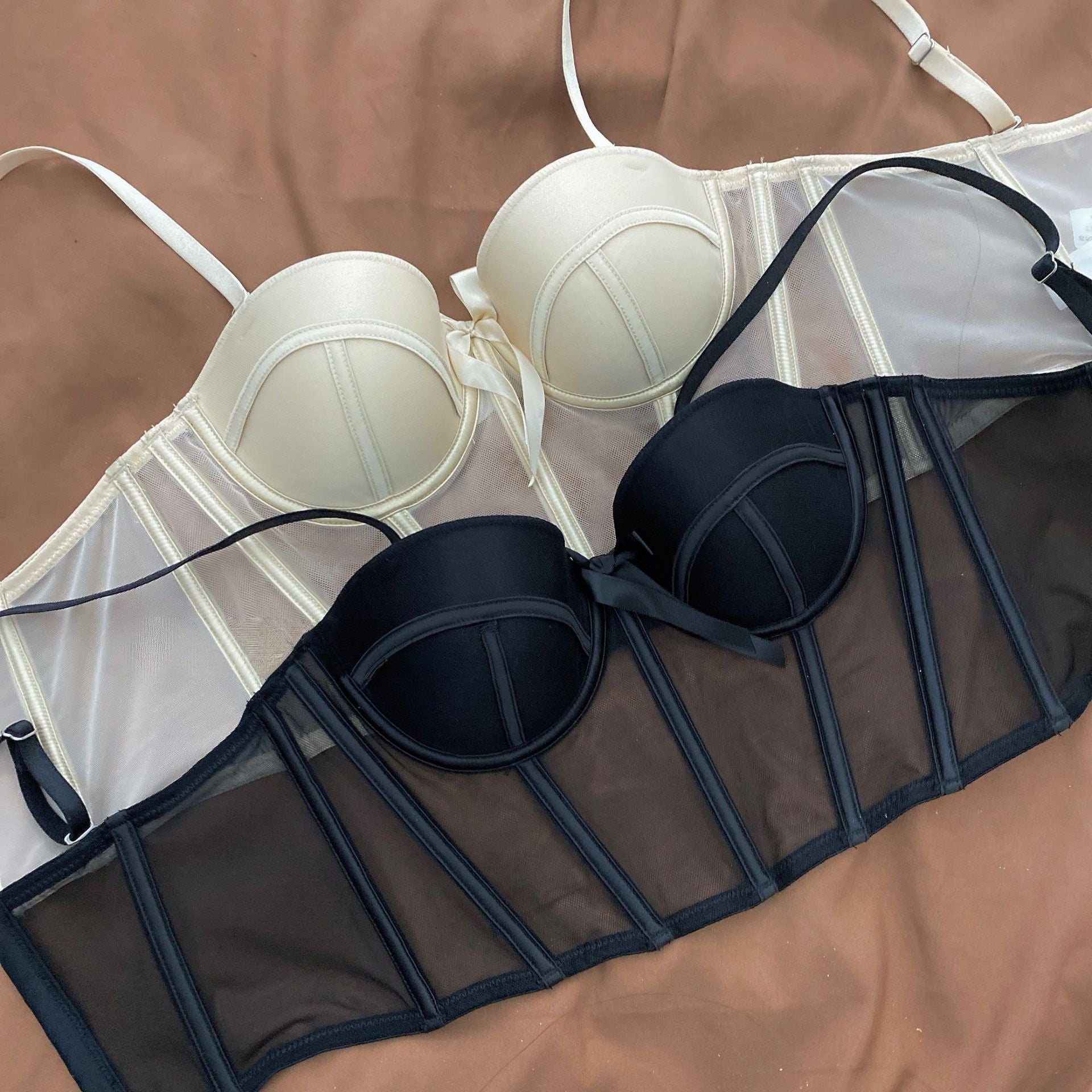 Women's Matching Lingerie Set: Bow-Accent Bra & Panties — Longline Corset Bra with Boning for Body Shaping
