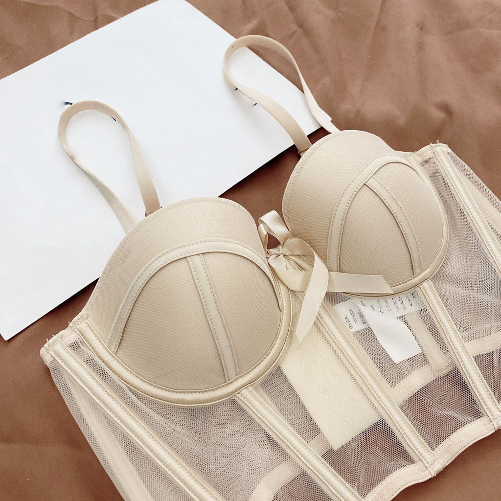 Women's Matching Lingerie Set: Bow-Accent Bra & Panties — Longline Corset Bra with Boning for Body Shaping