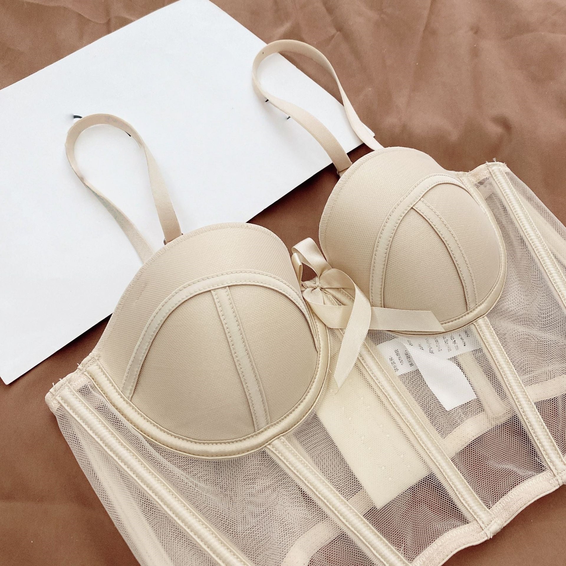 Women's Matching Lingerie Set: Bow-Accent Bra & Panties — Longline Corset Bra with Boning for Body Shaping
