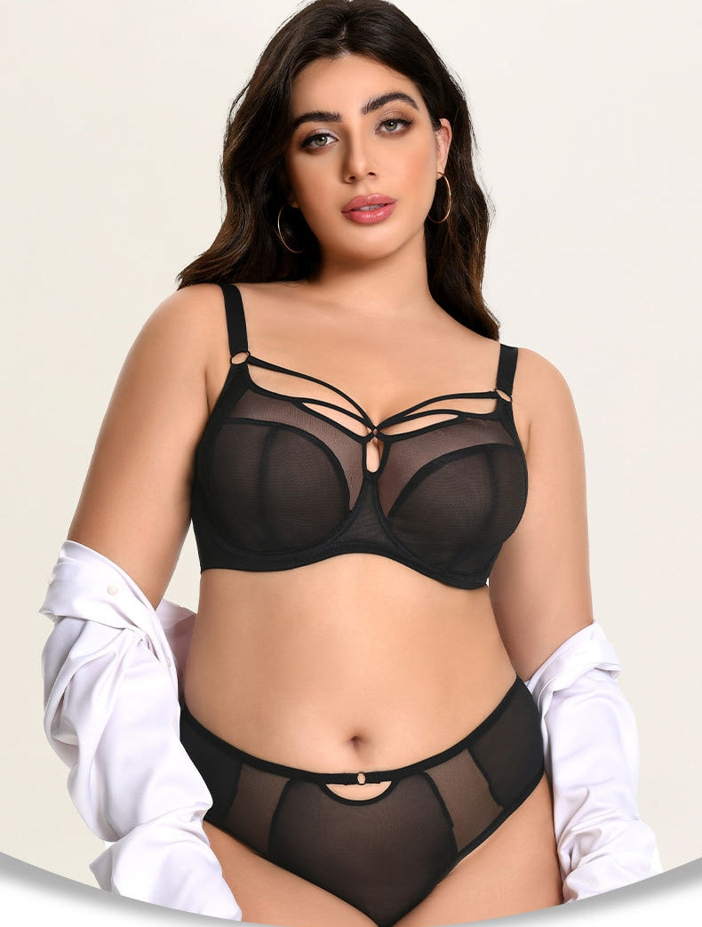 Women's Plus-Size Bra Set: High-Support Mesh, Anti-Sagging, Push-Up, Breathable, Thin-Cup, 3/4-Cup, Deep-Cup Design
