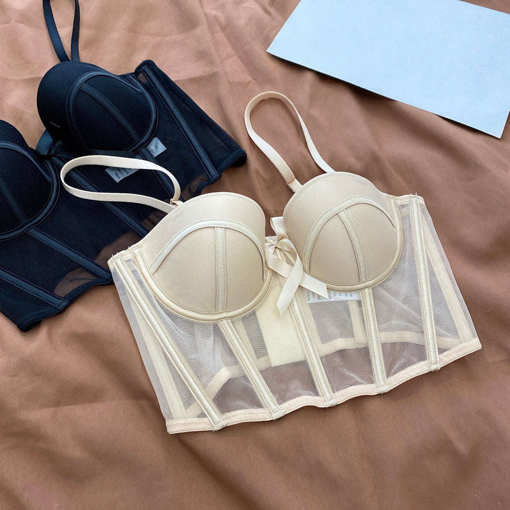 Women's Matching Lingerie Set: Bow-Accent Bra & Panties — Longline Corset Bra with Boning for Body Shaping