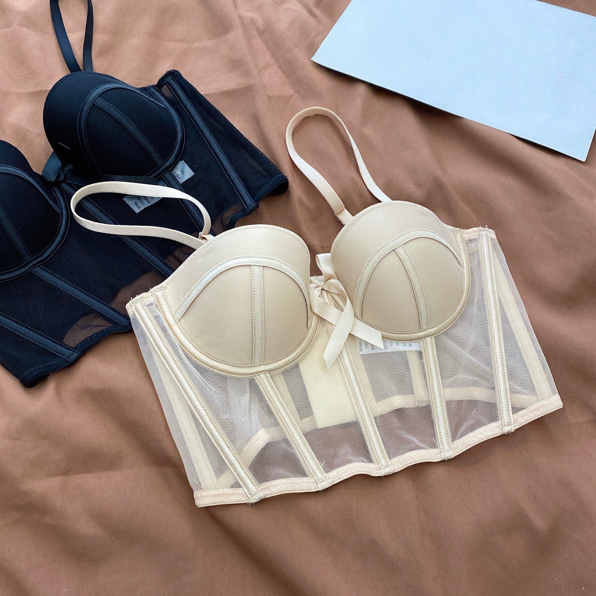 Women's Matching Lingerie Set: Bow-Accent Bra & Panties — Longline Corset Bra with Boning for Body Shaping