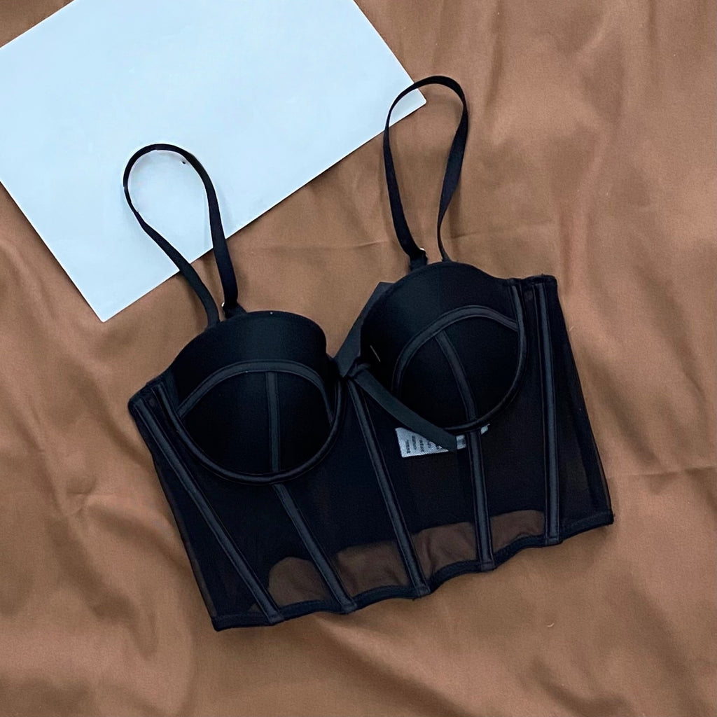 Women's Matching Lingerie Set: Bow-Accent Bra & Panties — Longline Corset Bra with Boning for Body Shaping