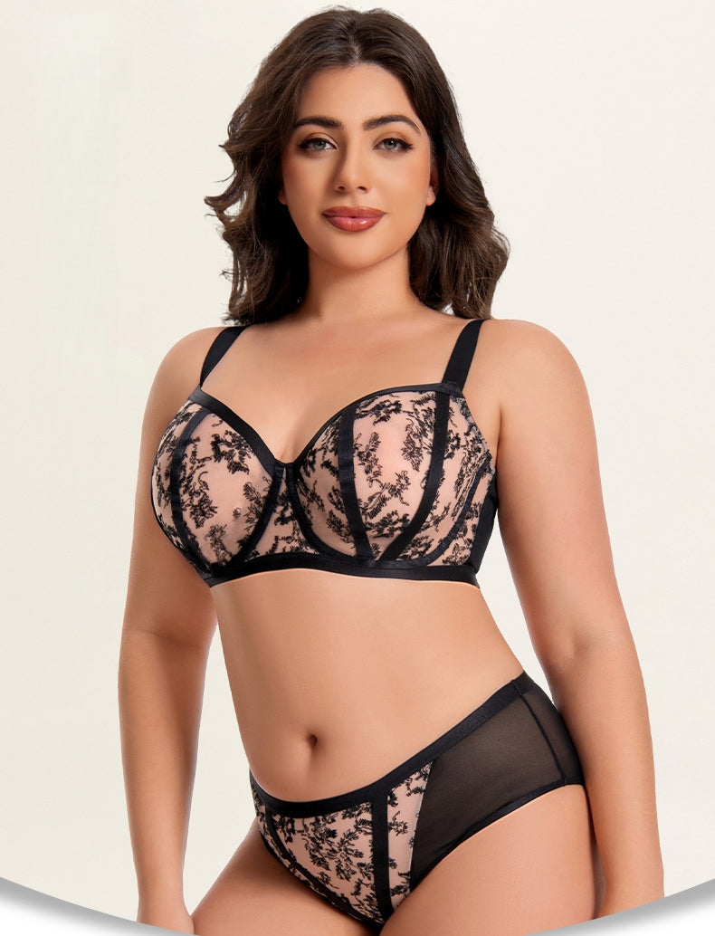 Plus-Size Women's Bra & Panty Set — Slimming & Anti-Sagging, Lifting & Centering, Underwire Support, Floral Lace Bra