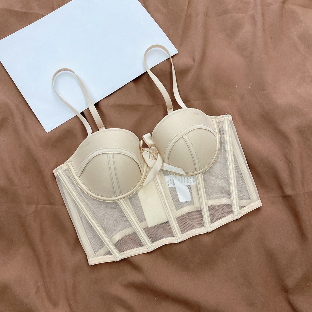 Women's Matching Lingerie Set: Bow-Accent Bra & Panties — Longline Corset Bra with Boning for Body Shaping