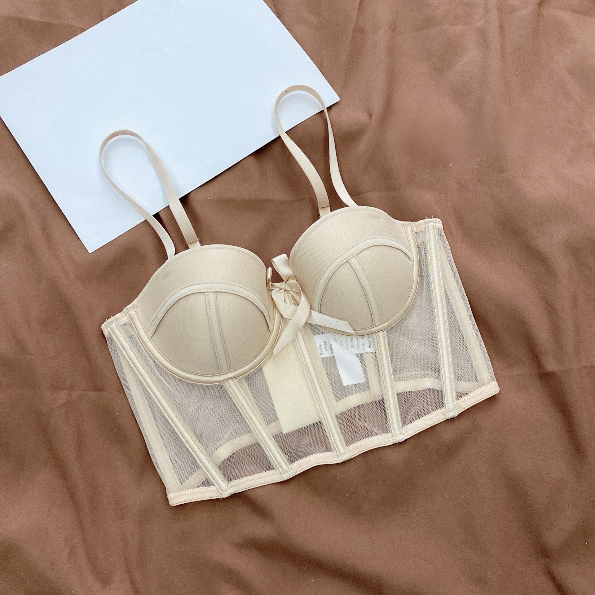 Women's Matching Lingerie Set: Bow-Accent Bra & Panties — Longline Corset Bra with Boning for Body Shaping