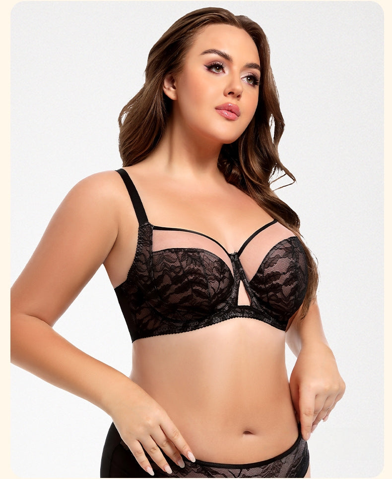 Women's Plus-Size Bra & Panty Set: Push-Up, Floral Lace, Full-Cup Bra; Women's Supportive Mesh & Underwire Lingerie Set (Thin-Cup Style)