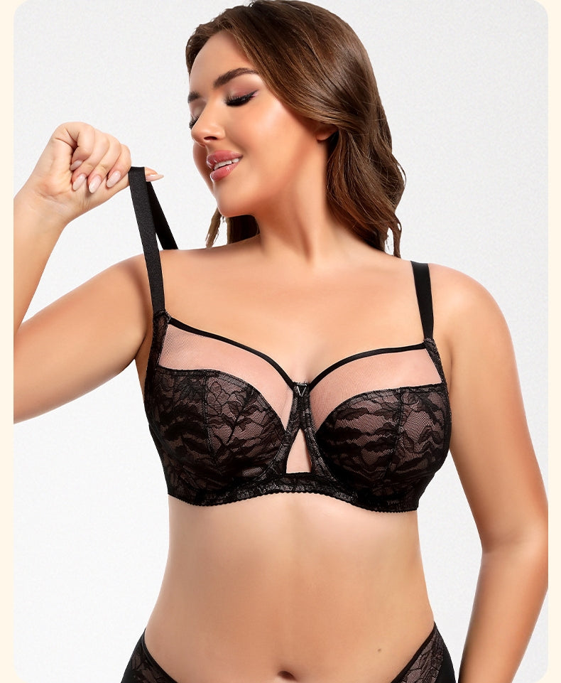 Women's Plus-Size Bra & Panty Set: Push-Up, Floral Lace, Full-Cup Bra; Women's Supportive Mesh & Underwire Lingerie Set (Thin-Cup Style)