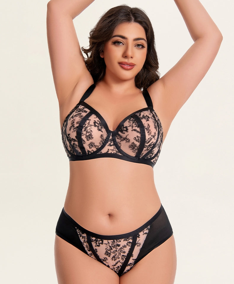 Plus-Size Women's Bra & Panty Set — Slimming & Anti-Sagging, Lifting & Centering, Underwire Support, Floral Lace Bra