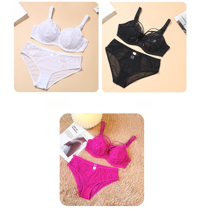 Women's Plus-Size Lingerie Set: Floral Lace, Anti-Sagging, Push-Up — Deep-Cup Bra and Panties