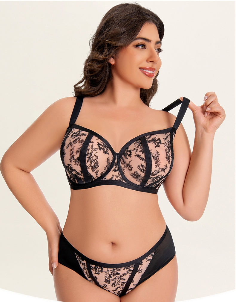 Plus-Size Women's Bra & Panty Set — Slimming & Anti-Sagging, Lifting & Centering, Underwire Support, Floral Lace Bra