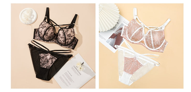 Young Women's Lingerie Series — Plus-Size Floral Lace Bra & Panty Set: Anti-Sag Support & Shaping, Mesh Full-Cup — Curvy Bikini Style