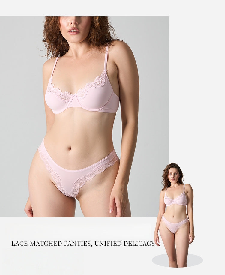 Women's Everyday Breathable Bikini-Style Bra Set — Underwire, Unlined, High-Elasticity & Seamless, Solid Color Lace, with Adjustable Straps