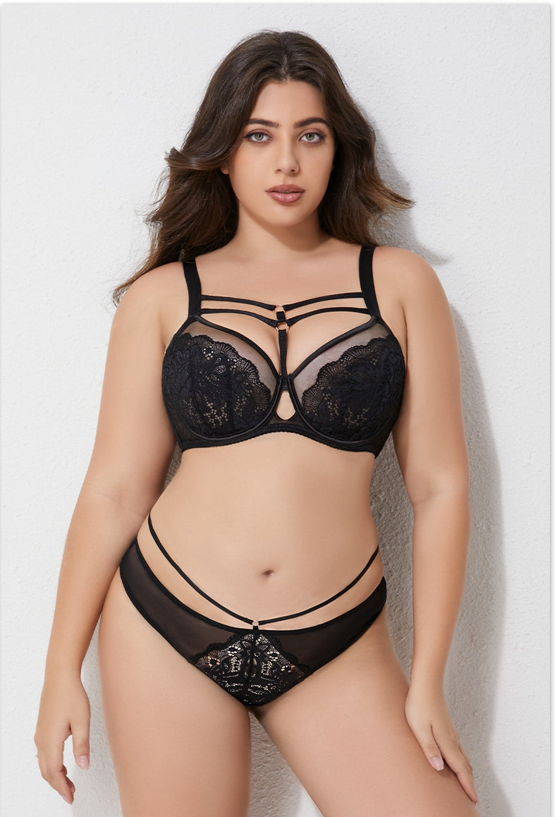 Plus-Size Women's Lightweight Lace Lingerie Set — 3/4-Cup Push-Up Bra (Minimizer Style for Fuller Busts) — Floral Design