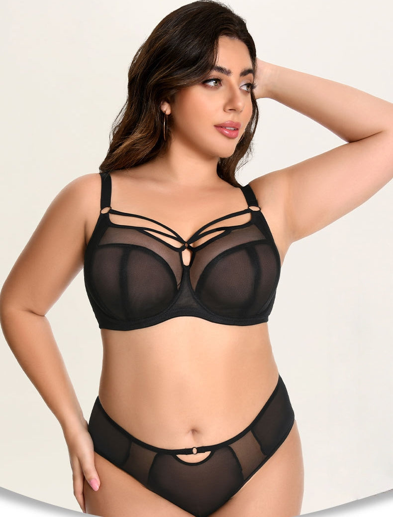 Women's Plus-Size Bra Set: High-Support Mesh, Anti-Sagging, Push-Up, Breathable, Thin-Cup, 3/4-Cup, Deep-Cup Design