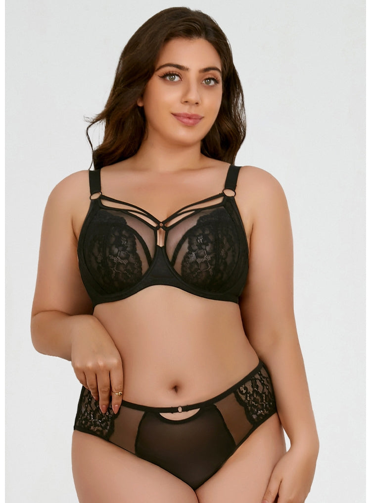 Women's Plus-Size Lingerie Set: Floral Lace, Anti-Sagging, Push-Up — Deep-Cup Bra and Panties