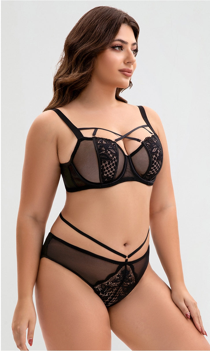 Sexy Plus-Size Bra Set (Large Cup) — Lightweight & Thin — Lift & Anti-Sag, Underwire Support, Floral Lace Design