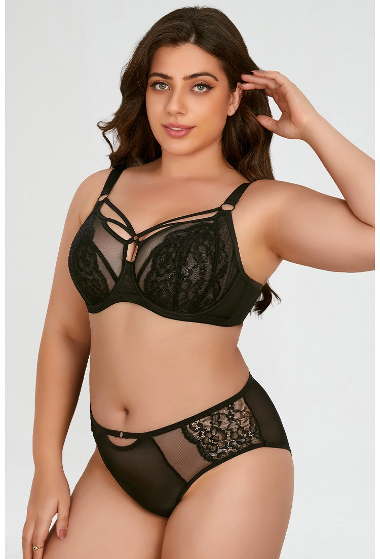Women's Plus-Size Lingerie Set: Floral Lace, Anti-Sagging, Push-Up — Deep-Cup Bra and Panties