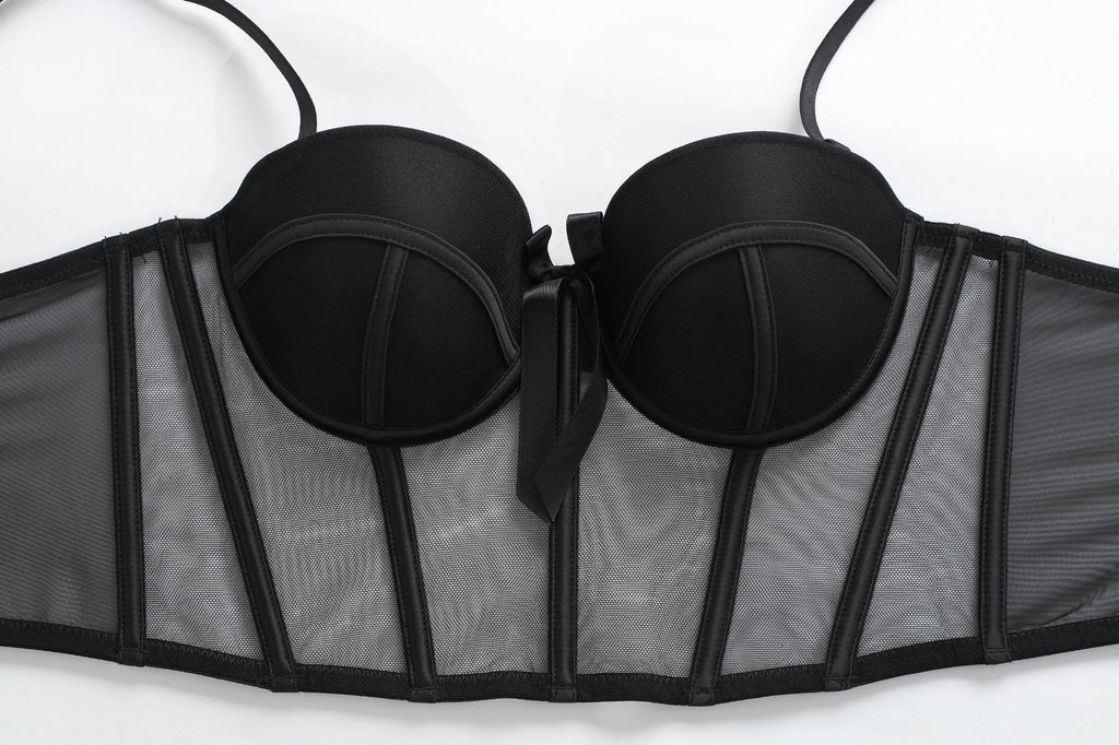 Women's Fashion Two-Piece Lingerie Set with Bow Accents — French-Style Underwear featuring a Longline, Boned, Push-Up Bustier Bra