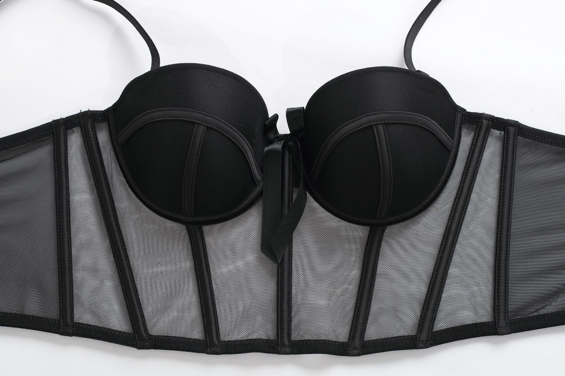 Women's Fashion Two-Piece Lingerie Set with Bow Accents — French-Style Underwear featuring a Longline, Boned, Push-Up Bustier Bra