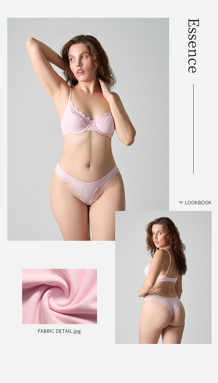 Women's Everyday Breathable Bikini-Style Bra Set — Underwire, Unlined, High-Elasticity & Seamless, Solid Color Lace, with Adjustable Straps