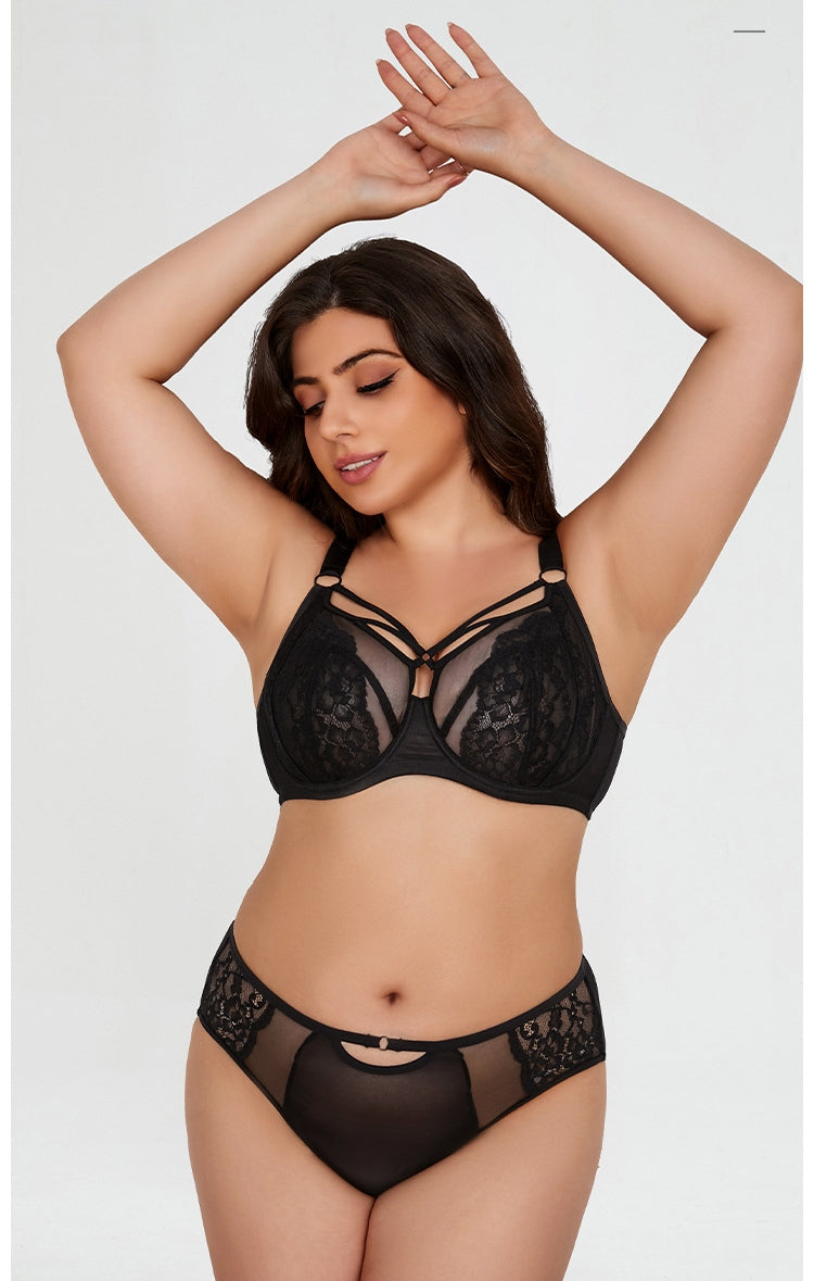 Women's Plus-Size Lingerie Set: Floral Lace, Anti-Sagging, Push-Up — Deep-Cup Bra and Panties
