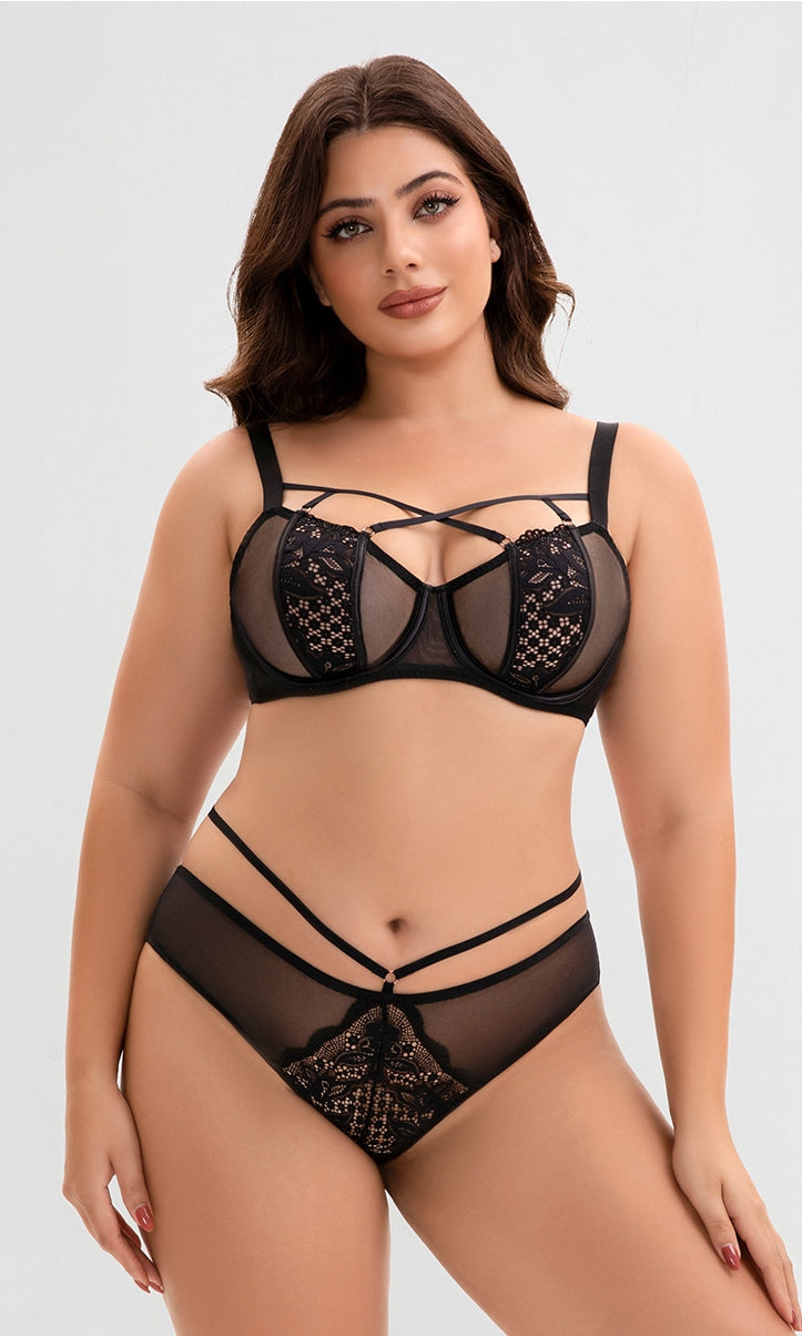 Sexy Plus-Size Bra Set (Large Cup) — Lightweight & Thin — Lift & Anti-Sag, Underwire Support, Floral Lace Design