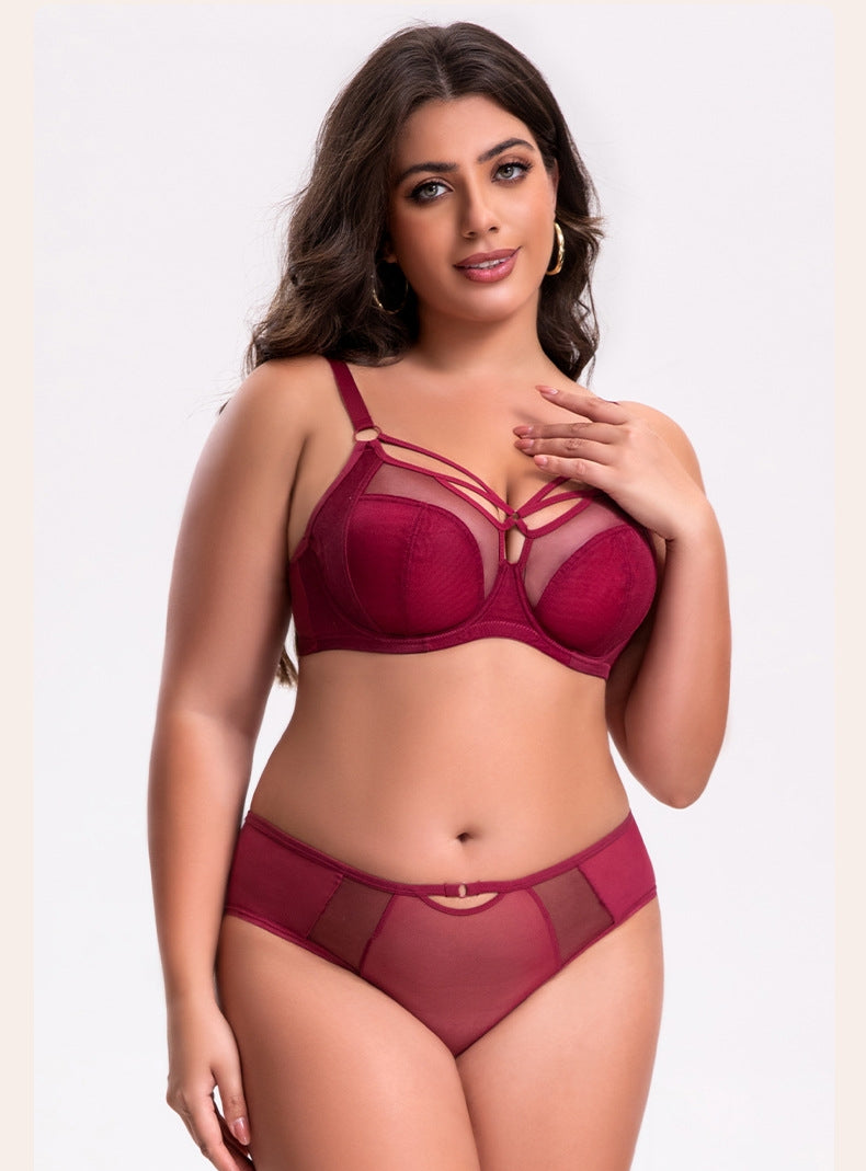 Women's Plus-Size Bra Set: High-Support Mesh, Anti-Sagging, Push-Up, Breathable, Thin-Cup, 3/4-Cup, Deep-Cup Design