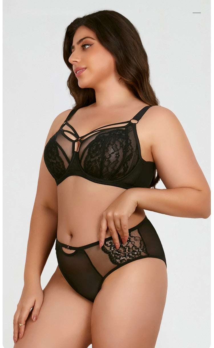 Women's Plus-Size Lingerie Set: Floral Lace, Anti-Sagging, Push-Up — Deep-Cup Bra and Panties