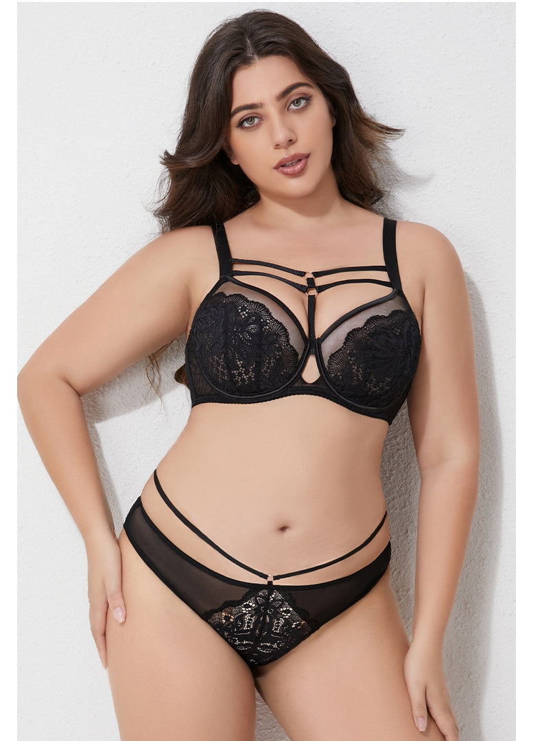 Plus-Size Women's Lightweight Lace Lingerie Set — 3/4-Cup Push-Up Bra (Minimizer Style for Fuller Busts) — Floral Design