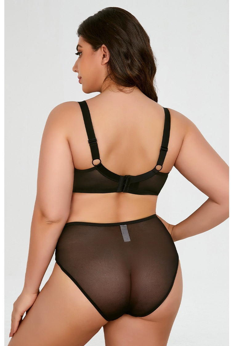 Women's Plus-Size Lingerie Set: Floral Lace, Anti-Sagging, Push-Up — Deep-Cup Bra and Panties