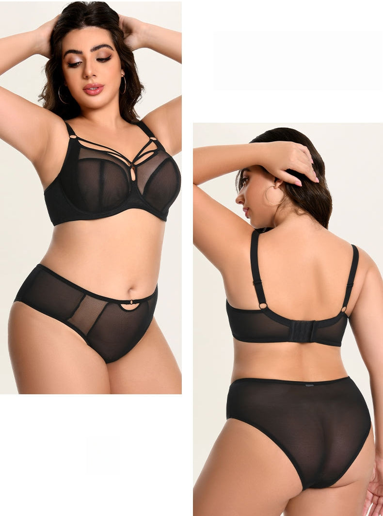 Women's Plus-Size Bra Set: High-Support Mesh, Anti-Sagging, Push-Up, Breathable, Thin-Cup, 3/4-Cup, Deep-Cup Design