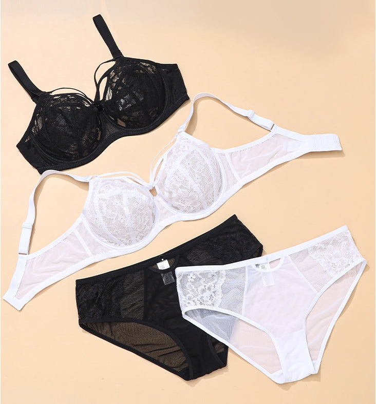 Women's Plus-Size Lingerie Set: Floral Lace, Anti-Sagging, Push-Up — Deep-Cup Bra and Panties