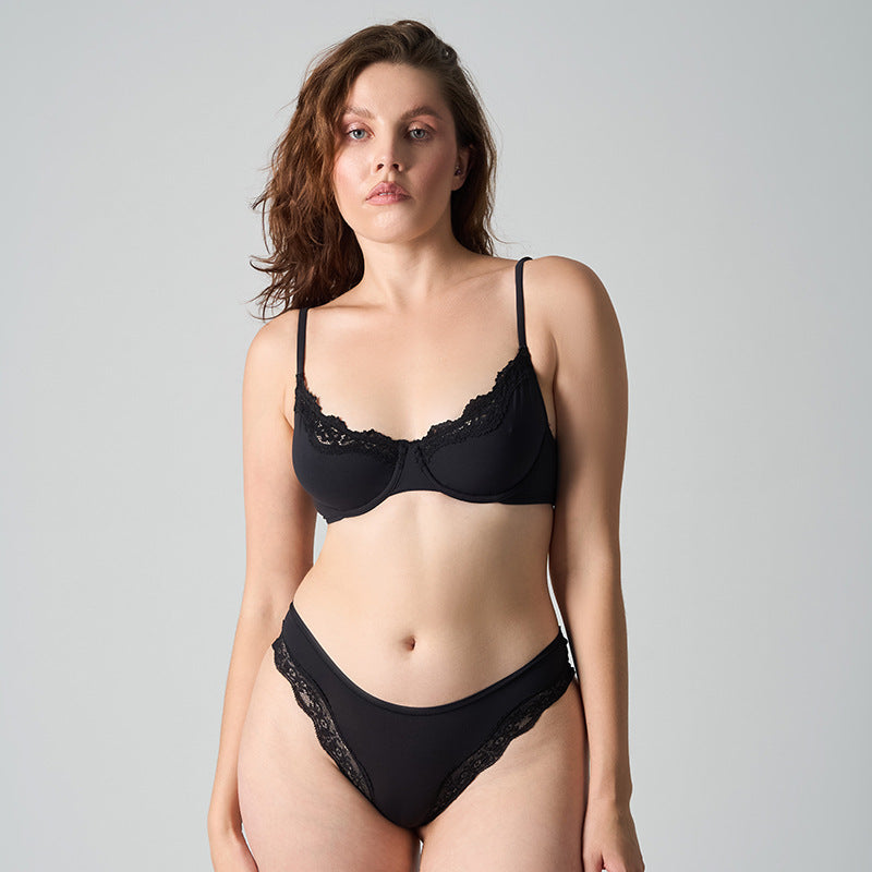 Women's Everyday Breathable Bikini-Style Bra Set — Underwire, Unlined, High-Elasticity & Seamless, Solid Color Lace, with Adjustable Straps