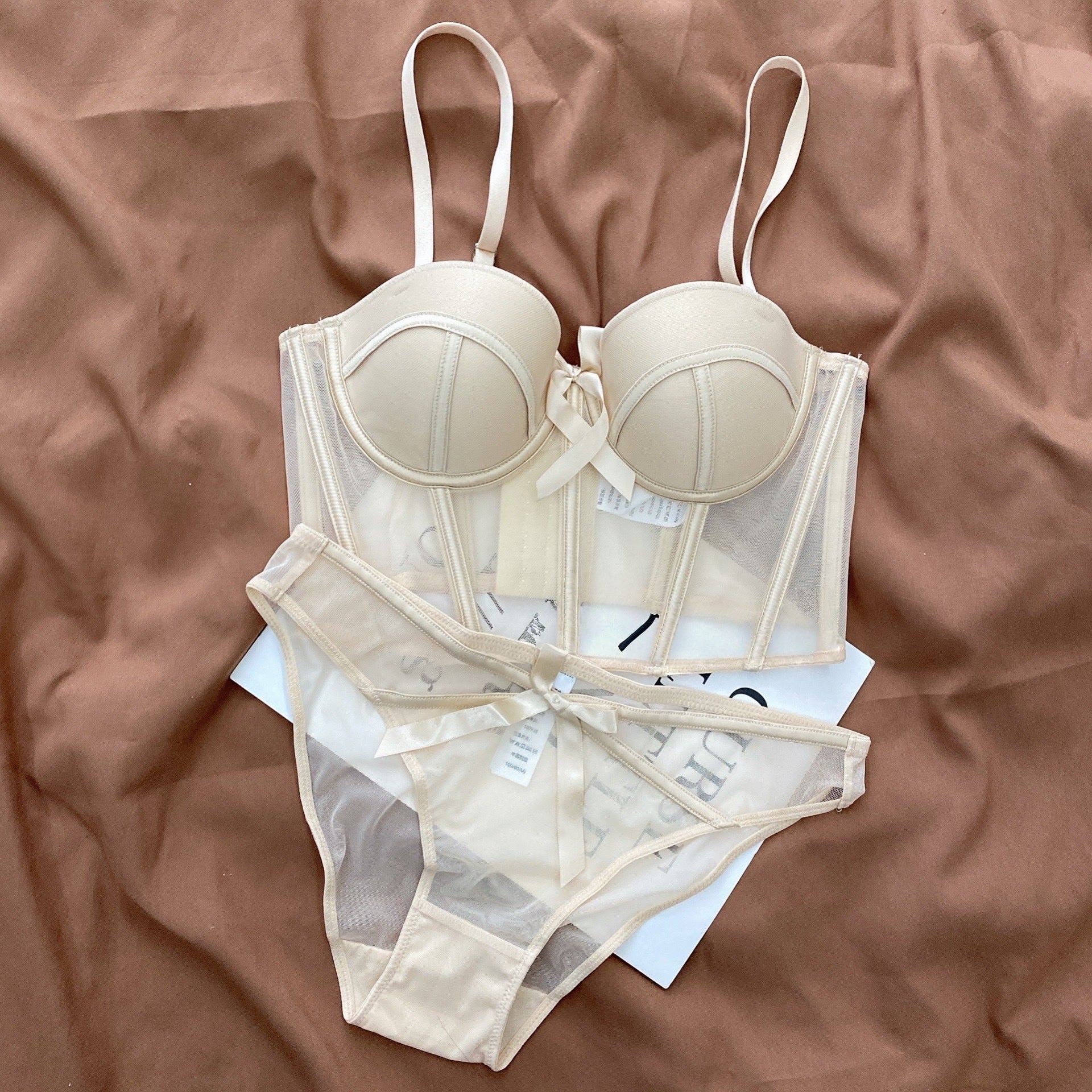 Women's Matching Lingerie Set: Bow-Accent Bra & Panties — Longline Corset Bra with Boning for Body Shaping