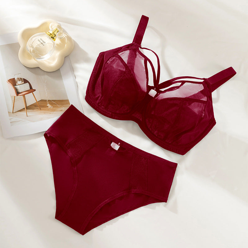 Women's Plus-Size Bra Set: High-Support Mesh, Anti-Sagging, Push-Up, Breathable, Thin-Cup, 3/4-Cup, Deep-Cup Design