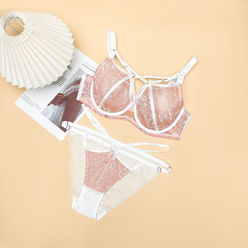 Young Women's Lingerie Series — Plus-Size Floral Lace Bra & Panty Set: Anti-Sag Support & Shaping, Mesh Full-Cup — Curvy Bikini Style