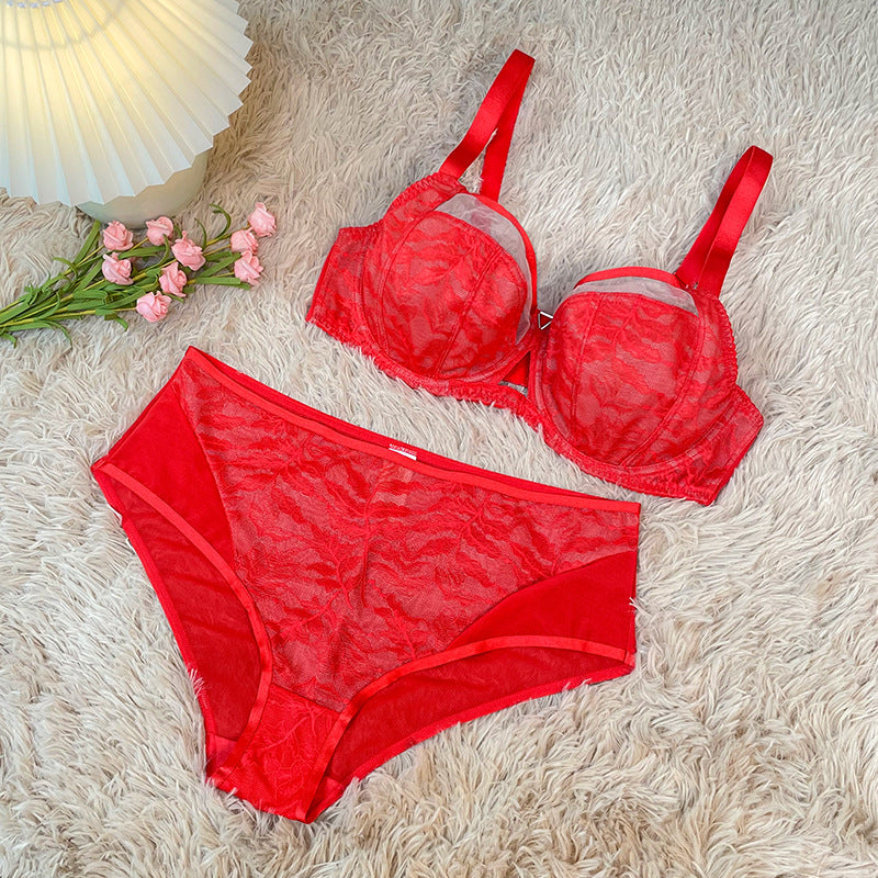 Women's Plus-Size Bra & Panty Set: Push-Up, Floral Lace, Full-Cup Bra; Women's Supportive Mesh & Underwire Lingerie Set (Thin-Cup Style)