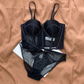 Women's Matching Lingerie Set: Bow-Accent Bra & Panties — Longline Corset Bra with Boning for Body Shaping