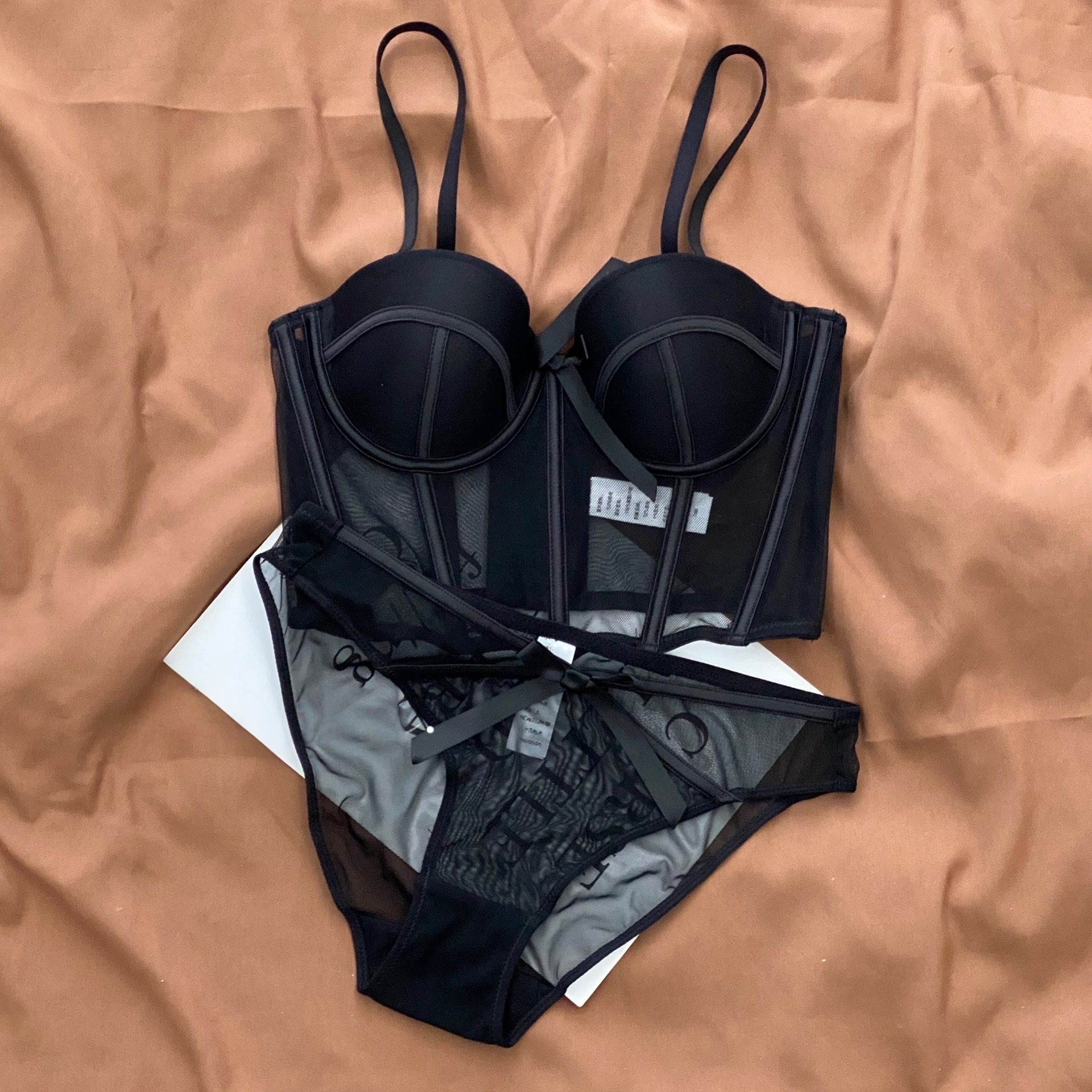 Women's Matching Lingerie Set: Bow-Accent Bra & Panties — Longline Corset Bra with Boning for Body Shaping